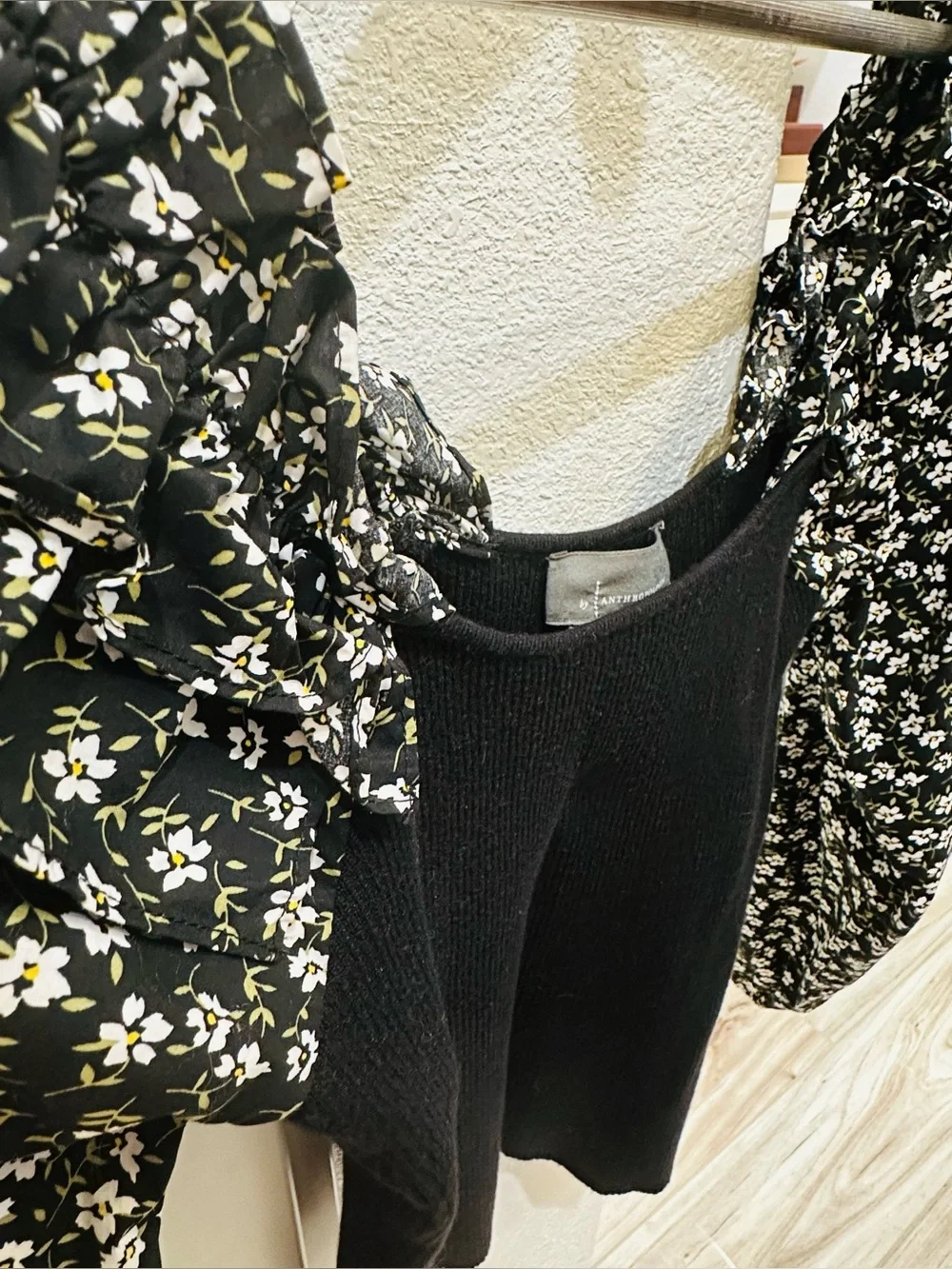 Anthropologie Black Knit Top with Floral Puff Sleeves Medium
